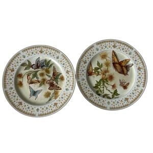 Vintage Garden Bouquet Fine China Plate Hand Painted Butterfly Design‎ Set of 2